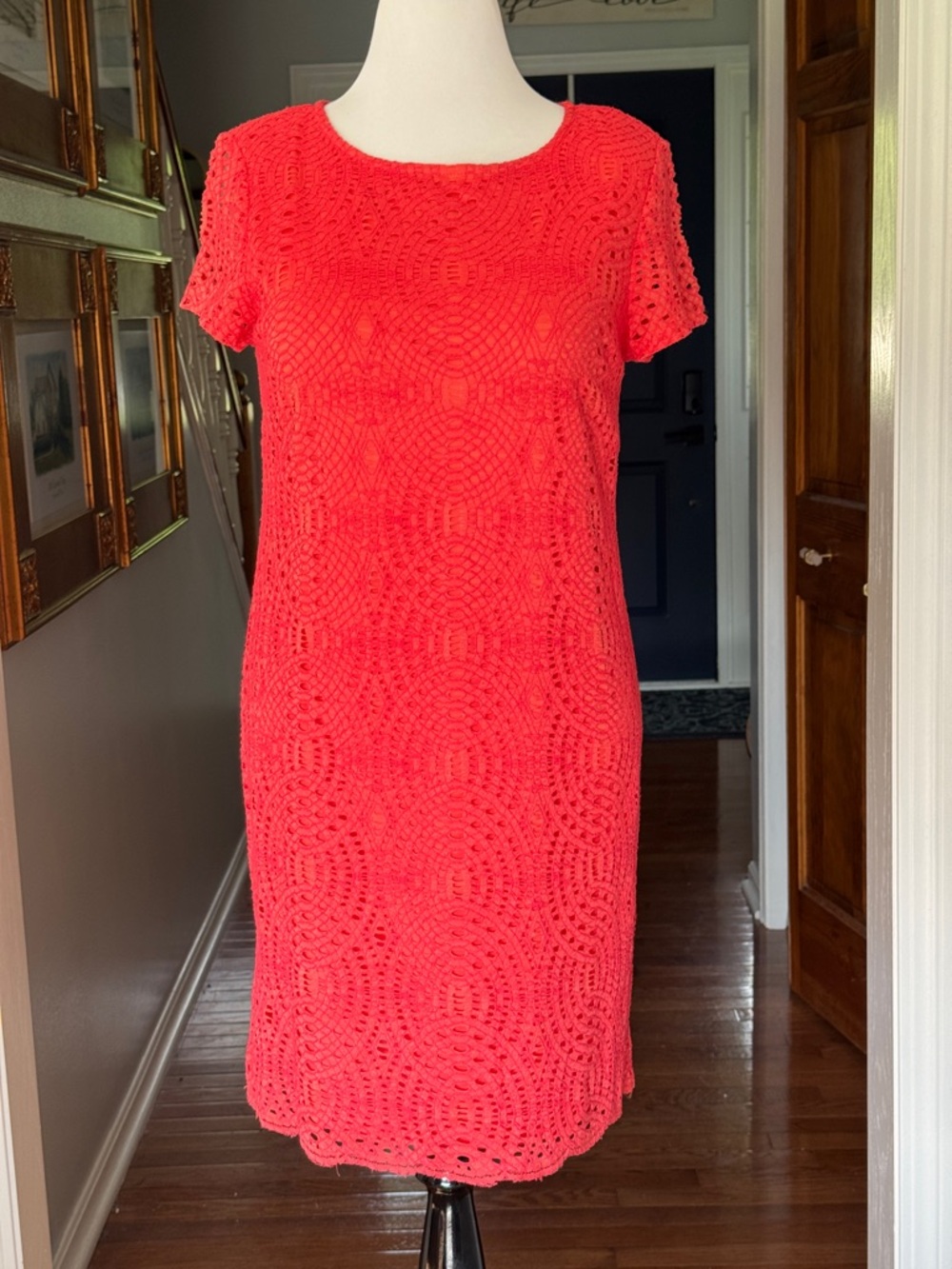 Chicos Bright Coral Eyelet Lace Crochet Shift Dress Large 2